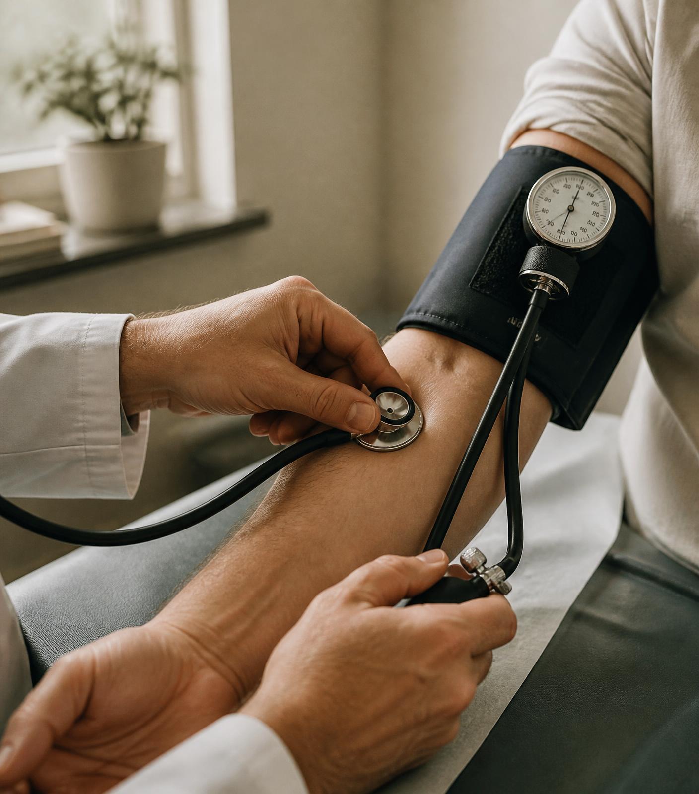 Médico aferindo a pressão arterial de um paciente durante consulta