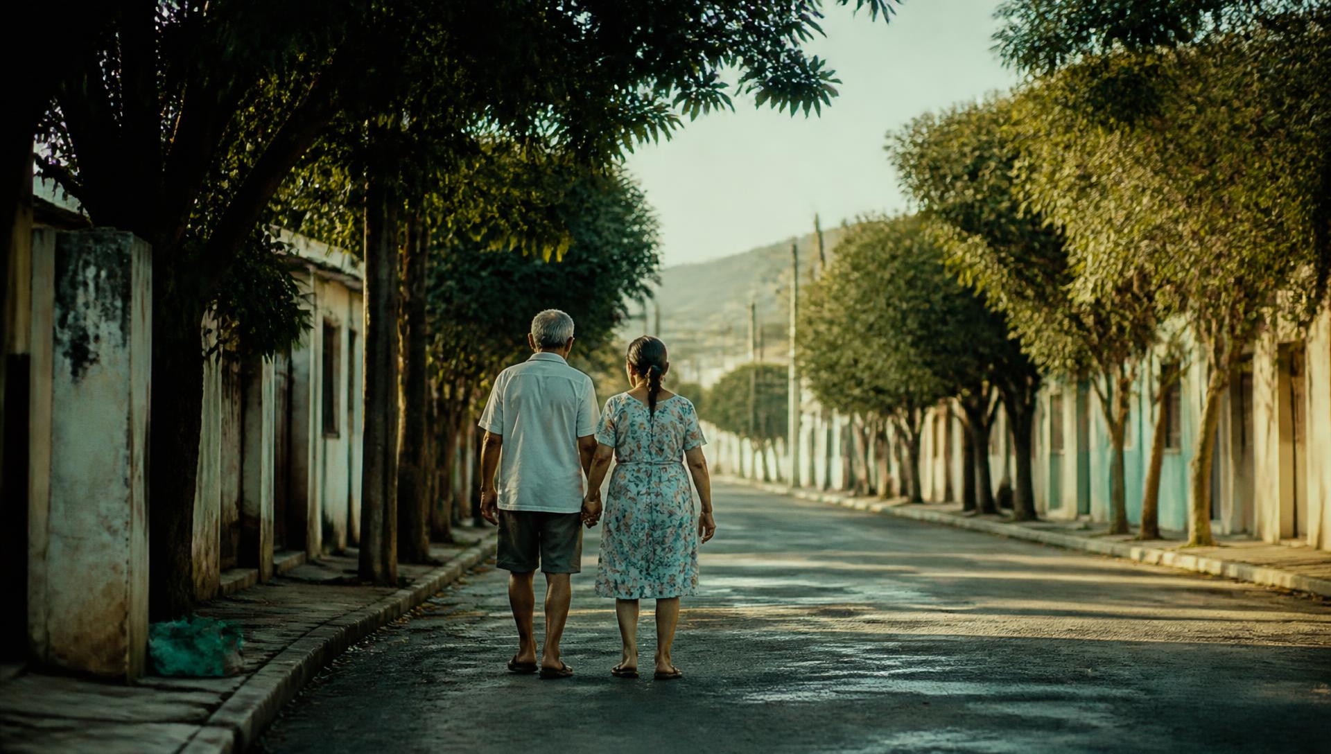 Casal idoso caminhando de mãos dadas por uma rua arborizada no início da manhã
